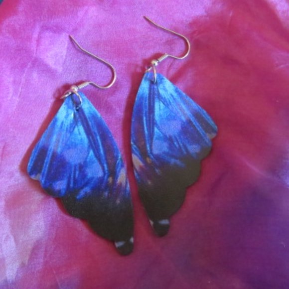 Faux Leather Blue BUTTERFLY Wings Pierced Earrings 7 cm 3" (K313) - Picture 3 of 3